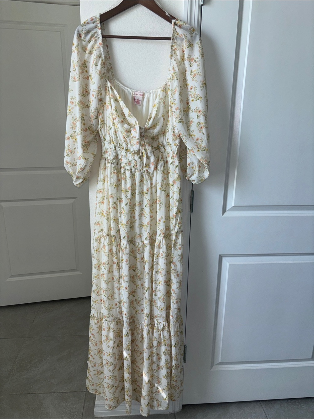 Flying Tomato Cream Floral Maxi Dress with Puff Sleeves